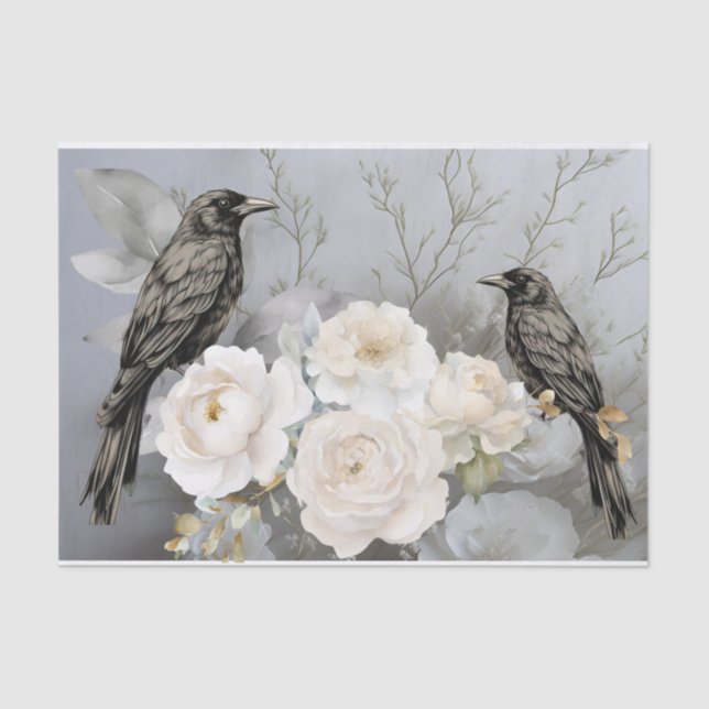 Papel De Seda Gothic Black Ravens & White Flowers  (Frente )