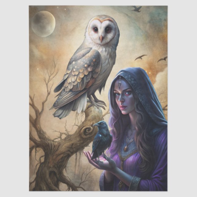 Papel De Seda Gothic Fantasy Tarot Reader White Owl & Raven  (Frente )