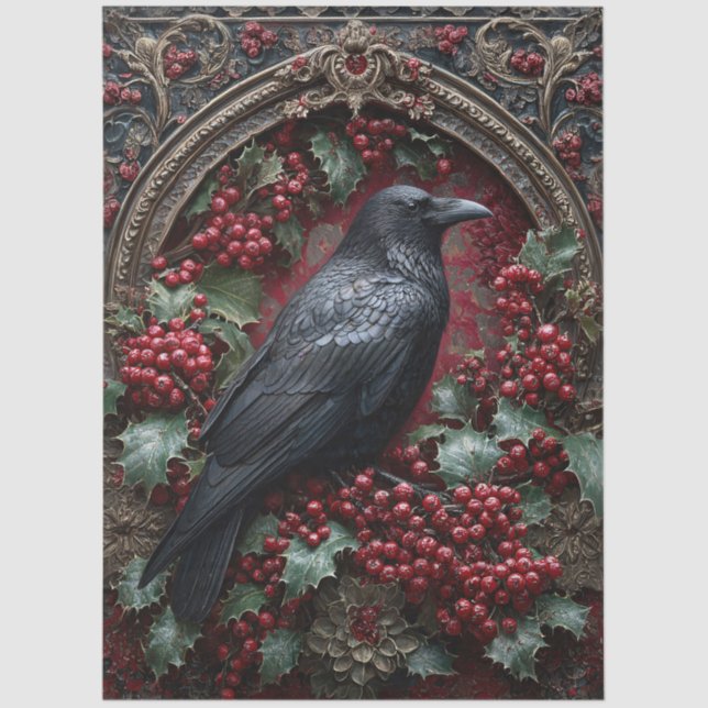 Papel De Seda Gothic Raven with Holly and Berries (Frente )