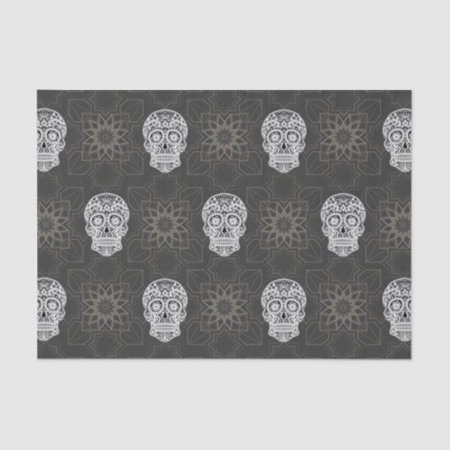 Papel De Seda Gothic Sugar Skull and Grey Geometric Pattern (Frente )