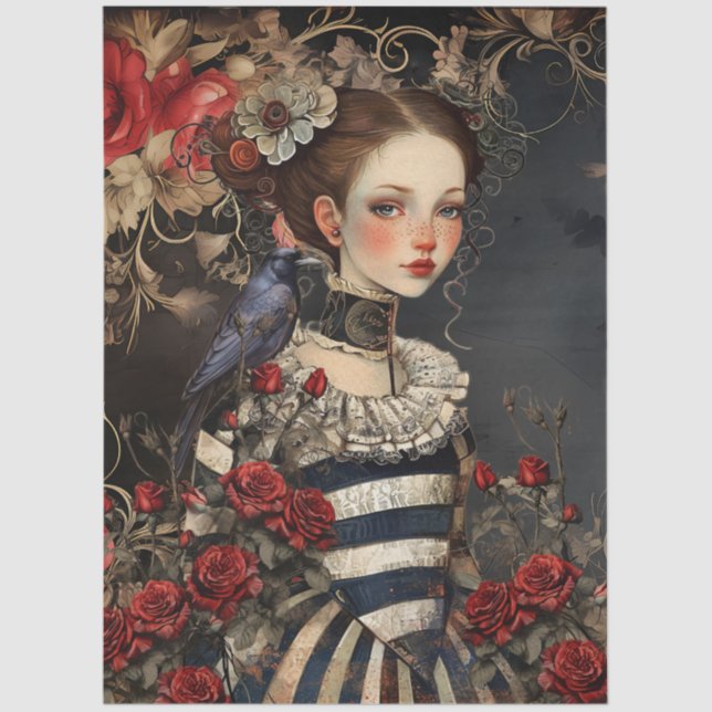 Papel De Seda Gothic Valentine Girl & Raven w/ Red Roses (Frente )