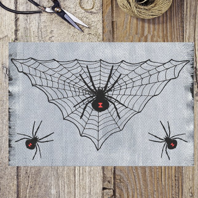Papel De Seda Gótico do Dia das Bruxas de Aranha de Viúva Negra (Spooky black web with black widow spiders on painted look white and black gift wrap tissue paper.)