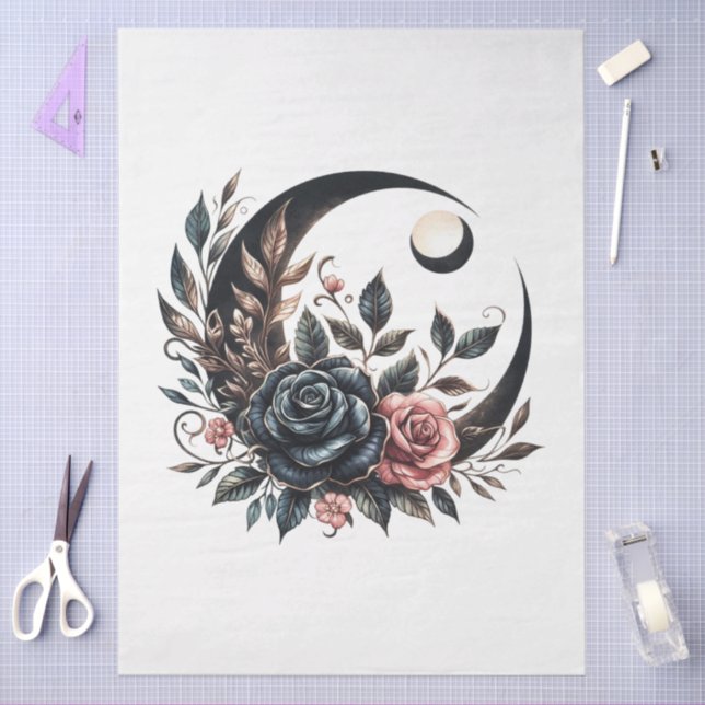Papel De Seda Gótico Floral Grande Crescente Lua e Rosas Decoupa (Arte )