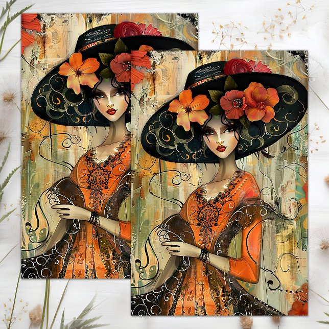 PAPEL DE SEDA GRANDE DECOUPAMENTO DE GAROTA DE MODA DE BATATA (BIG HAT FASHION GIRL DECOUPAGE TISSUE PAPER)