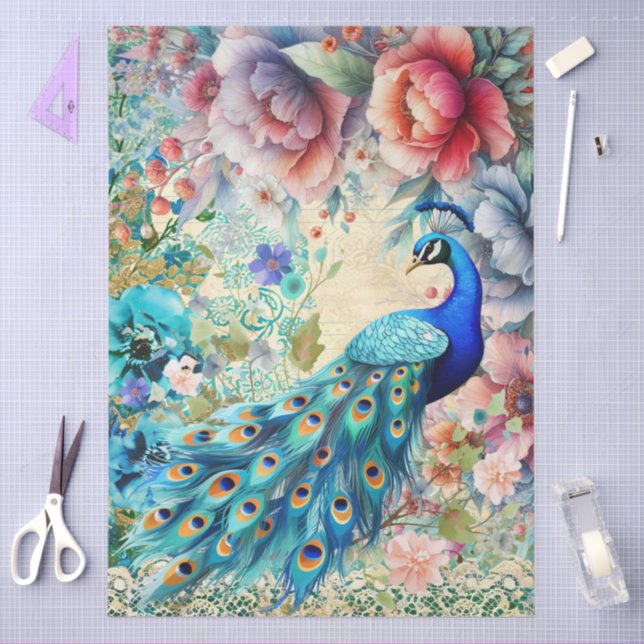 Papel De Seda Grande Pavão Elegante, Florais e Decoupage de Loca (Arte )