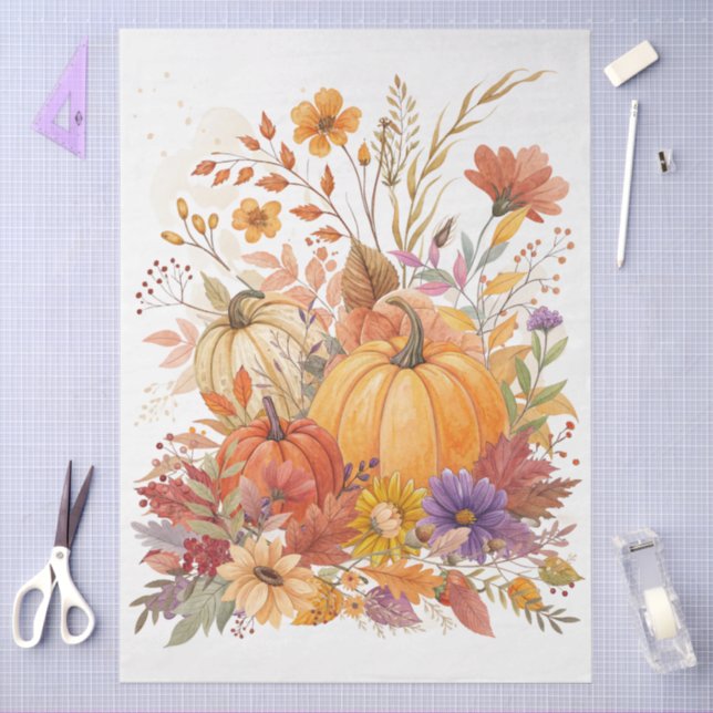 Papel De Seda Grande Queda de Aquarela Flores e Pumpkins (Arte )