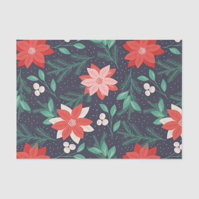 Papel De Seda Grandes Poinsetos de Natal Vermelho e Branco (Frente )