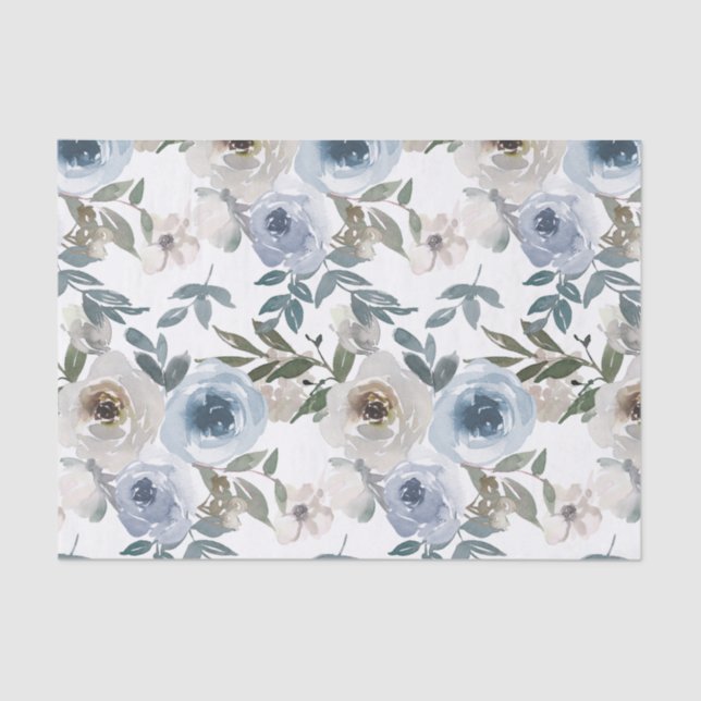 Papel De Seda Gravata Floral Aquarela Azul Empoeirado Wrap (Frente )