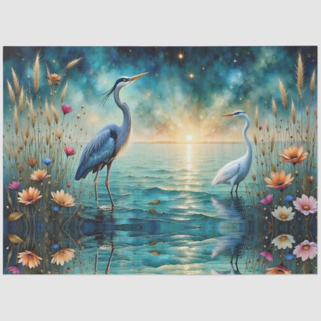 Papel De Seda Great blue Heron & Egret flowers in water (Frente )