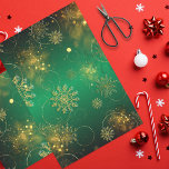 Papel De Seda Green And Gold Christmas Winter Wonderland<br><div class="desc">Winter themed tissue paper design featuring gold snowflakes,  gold rings and blurred lights and sparkles on a green gradient background.</div>