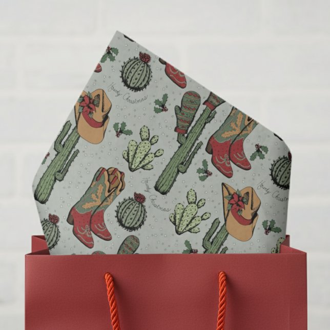 Papel De Seda Green Country Cowboy Howdy (Elegant Ivory Howdy Christmas Western Cowboy Ivory Tissue Paper. Cute Cowgirl Boots & Cactus Pattern)