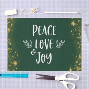 Papel De Seda Green Dourado Stars Peace Love Joy Type Christmas