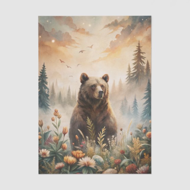 Papel De Seda Grizzly Bear in a Forest Meadow with Flowers (Frente )