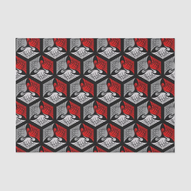 Papel De Seda Gruas japonesas, vermelhas, Cinzas/Cinzas e pretas (Frente )