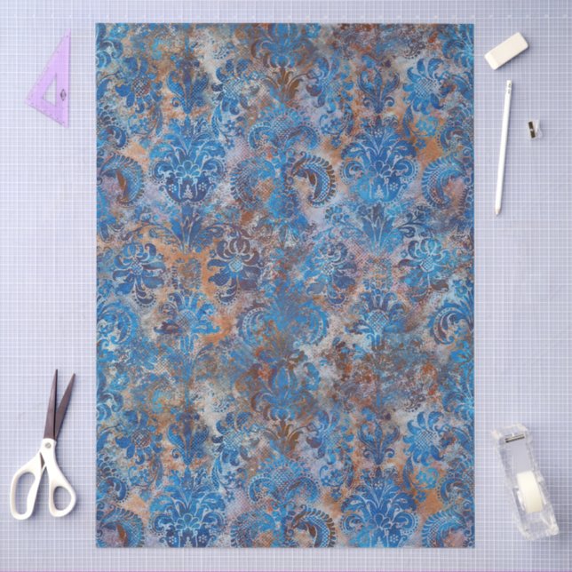 Papel De Seda Grunge Damask Cobalt Blue Rust Orange (Arte )