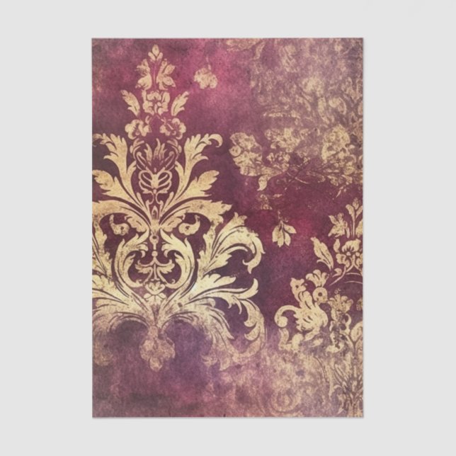 Papel De Seda Grungy Burgundy and Gold Damask Pattern (Frente )