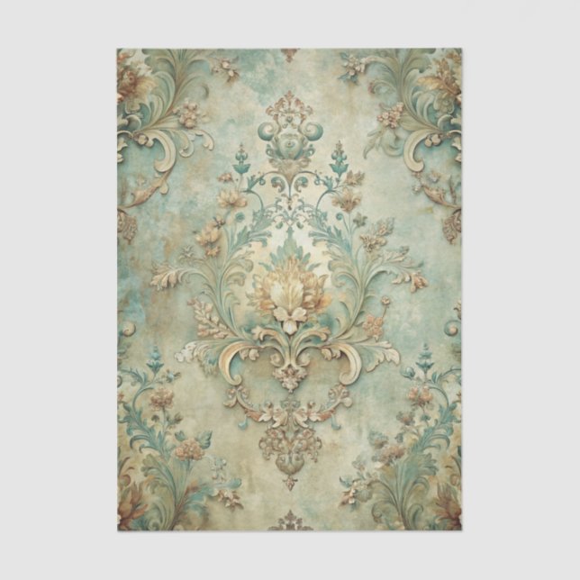 Papel De Seda Grungy Damask Pattern in Shades of Teal & Beige (Frente )