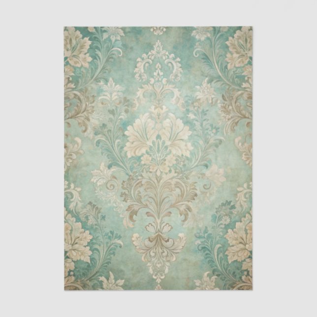 Papel De Seda Grungy Damask Pattern in Shades of Teal Blues (Frente )