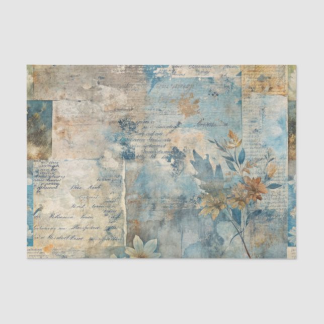 Papel De Seda Grungy Distressed Blue Floral Ephemera Collage (Frente )