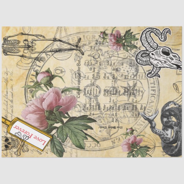 Papel De Seda Halloween Alchemy Pink Peony Skeleton Ephemera (Frente )