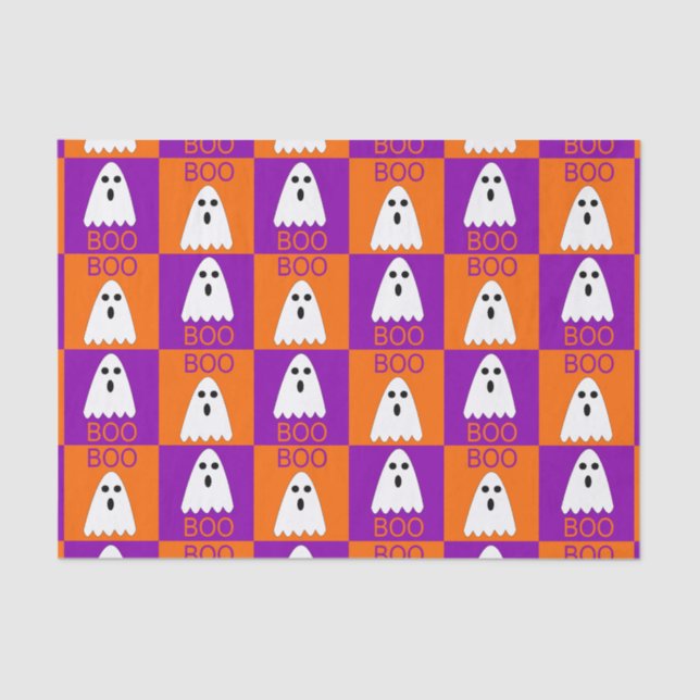 Papel De Seda Halloween Boo Ghost Purple e Orange Squares (Frente )