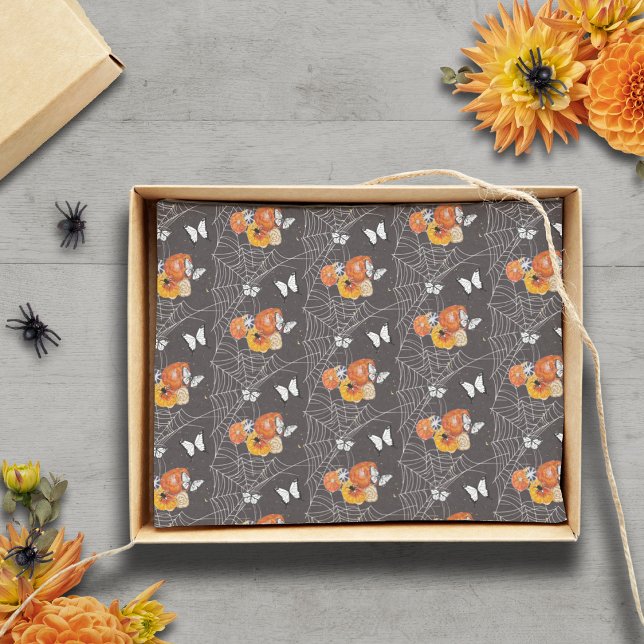 Papel De Seda Halloween Floral Butterfly Spider Cinza Laranja (Cottagecore Victorian Halloween handpainted fall florals with spiders and butterflies original art)
