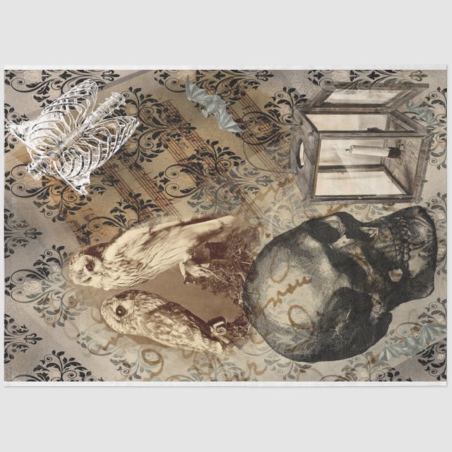 Papel De Seda Halloween Owl and Skull Vintage (Frente )