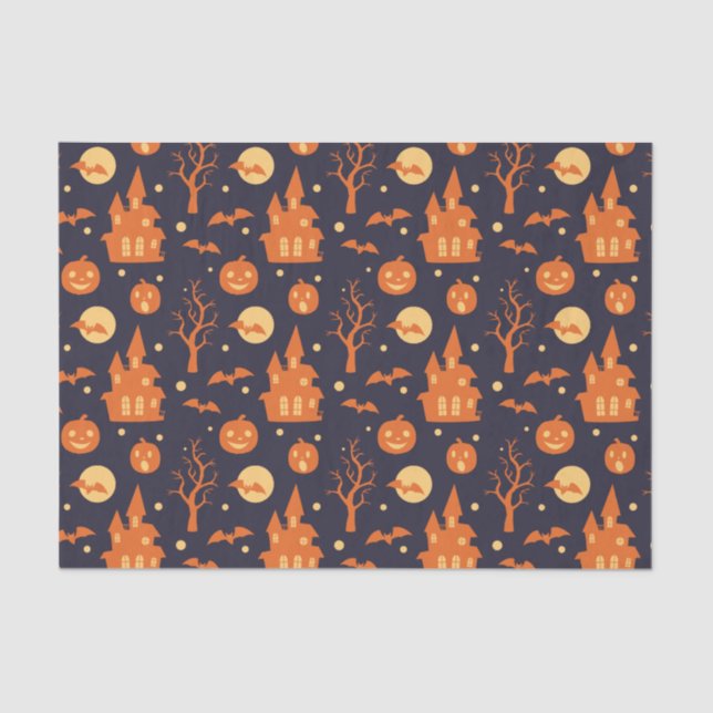 Papel De Seda Halloween Spooky House Bats Trees Pumpkin Festivo (Frente )