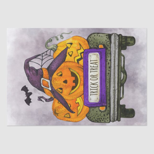 Papel De Seda Halloween Watercolor Truck Pumpkins (Frente )