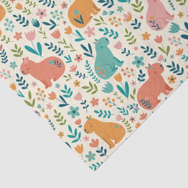 Papel De Seda Hand Drawn Floral Capybara Tissue Paper (Detalhes)