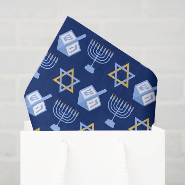 Papel De Seda Hanukkah Blue Menorah Dreidel Pattern Chanukah (Sacola de presentes)
