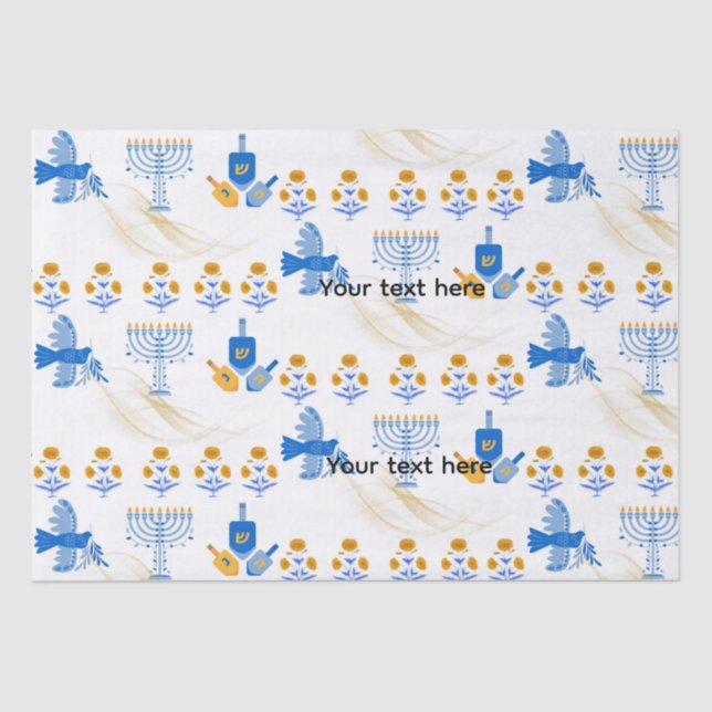 Papel De Seda Hanukkah tissue Paper – Menorah, Dove, Dreidel (Frente )