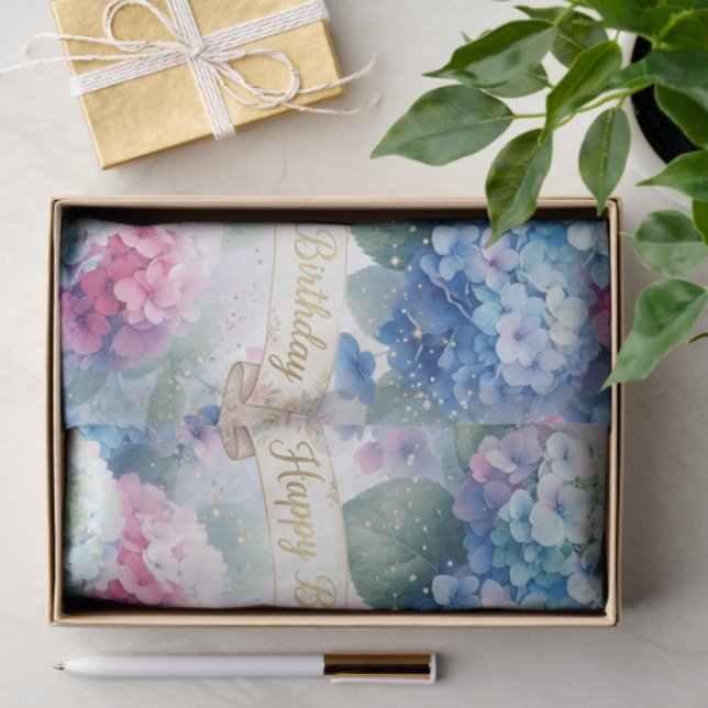 Papel De Seda Happy Birthday Hydrangea Floral  (Presente)