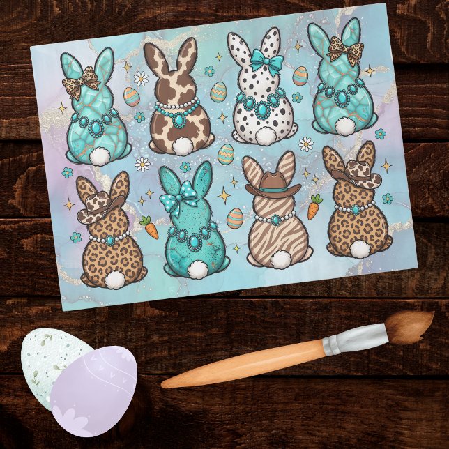 Papel De Seda Happy Easter Cowgirl Leopard Print Teal Bunnies   (Criador carregado)