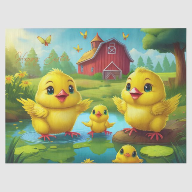 Papel De Seda Happy Easter Yellow Chicks in a Pond by a Red Barn (Frente )