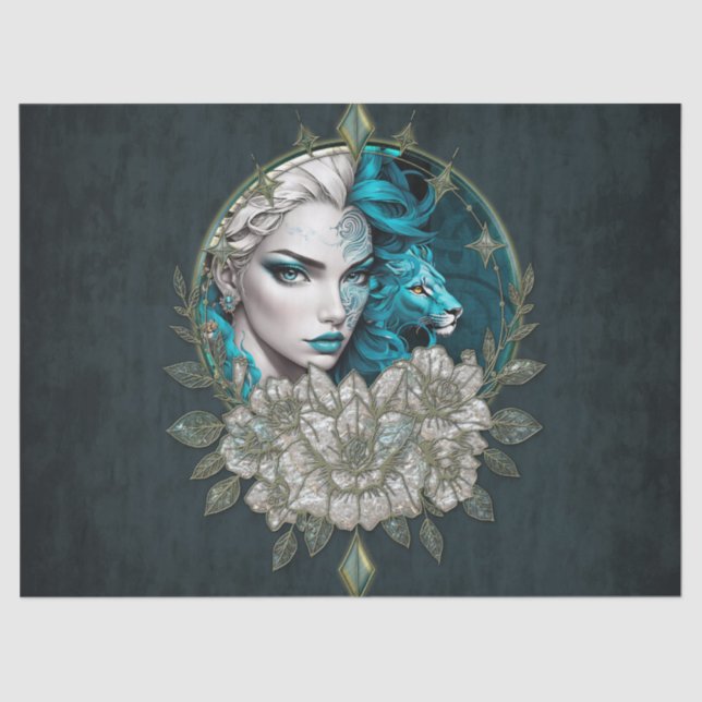 Papel De Seda Harmonia dos elementos, a mulher com leão. (Frente )