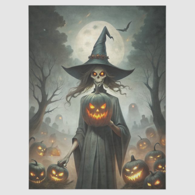 Papel De Seda Haunting Fantasy Gothic Witch, Pumpkins & Moon (Frente )