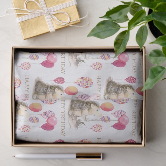 Papel De Seda Hedgehog com balões cor-de-rosa Parabéns (Presente)