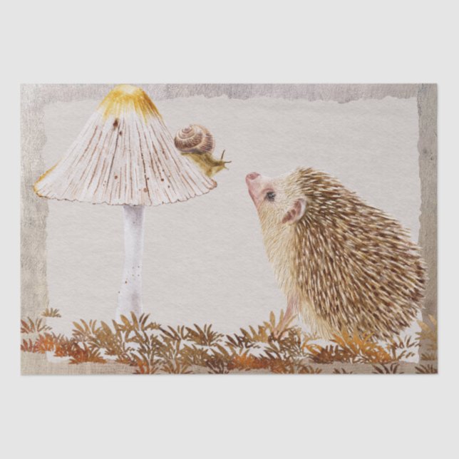 Papel De Seda Hedgehog Snail Forest Mushroom Watercolor (Frente )