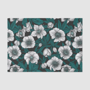 Papel De Seda Hellebores brancos com folhas azuis