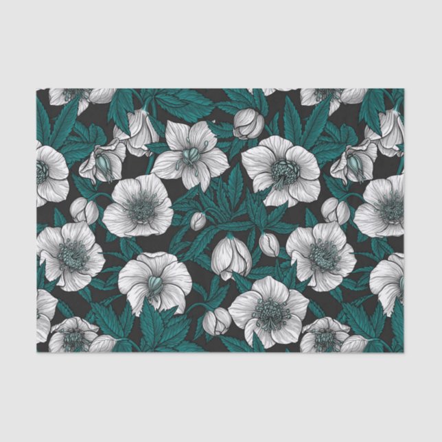 Papel De Seda Hellebores brancos com folhas azuis (Frente )