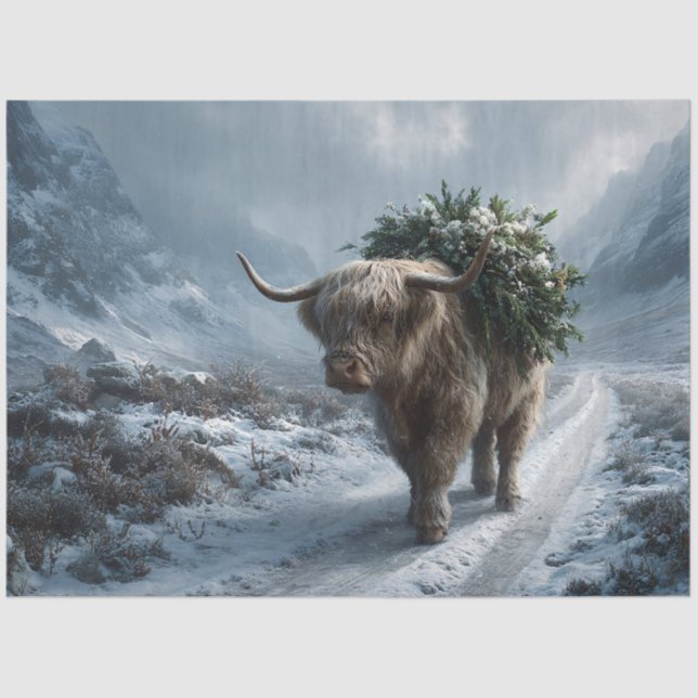 Papel De Seda Highland Cow Bearing Winter Greens (Frente )