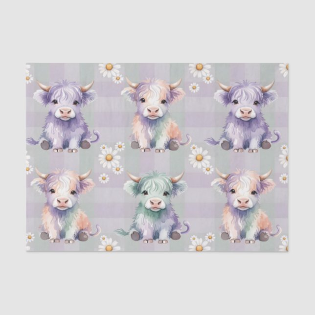 Papel De Seda Highland Cow Easter Daisy Flowers Pastel (Frente )