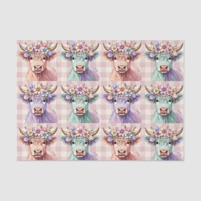 Papel De Seda Highland Cow Easter Flowers in Pastel (Frente )