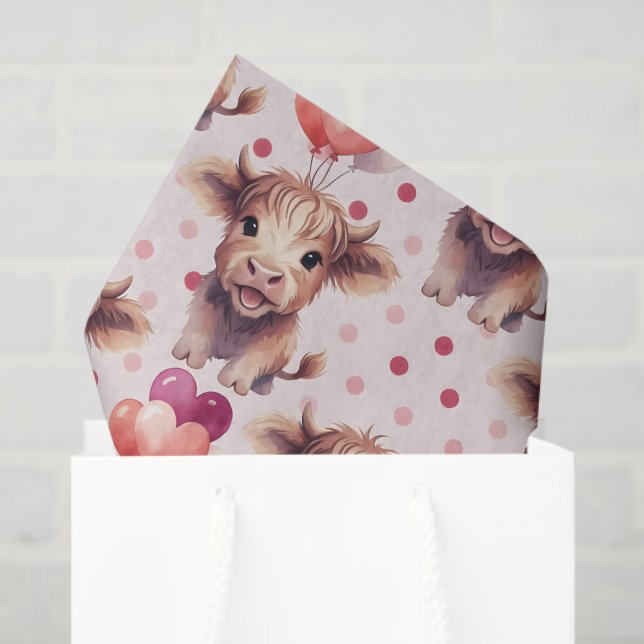 Papel De Seda Highland Cow Fun Heart Balloon Cute Gift (Sacola de presentes)