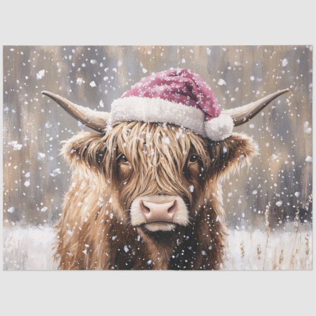Papel De Seda Highland Cow in Snow with Santa Hat (Frente )