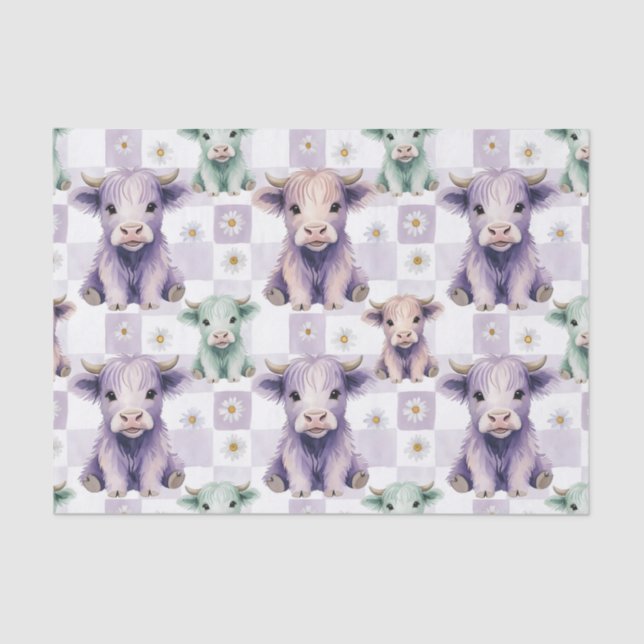 Papel De Seda Highland Cow Purple Sage Easter Flowers Pastel (Frente )