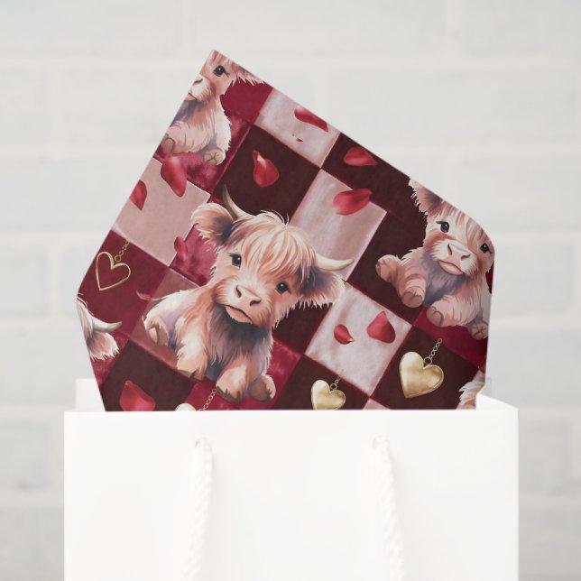 Papel De Seda Highland Cow Ruby Red Golden Heart Gift (Sacola de presentes)