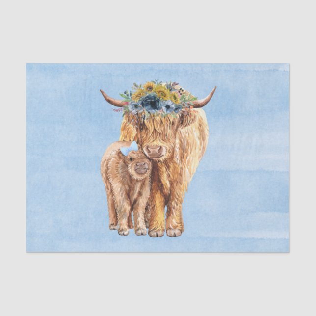 Papel De Seda Highland Cow Scotland Blue Mama Baby Calf (Frente )