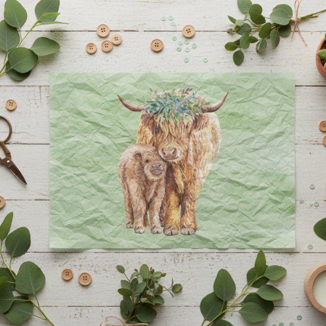 Papel De Seda Highland Cow Scotland Mama Baby Eucalyptus (Criador carregado)